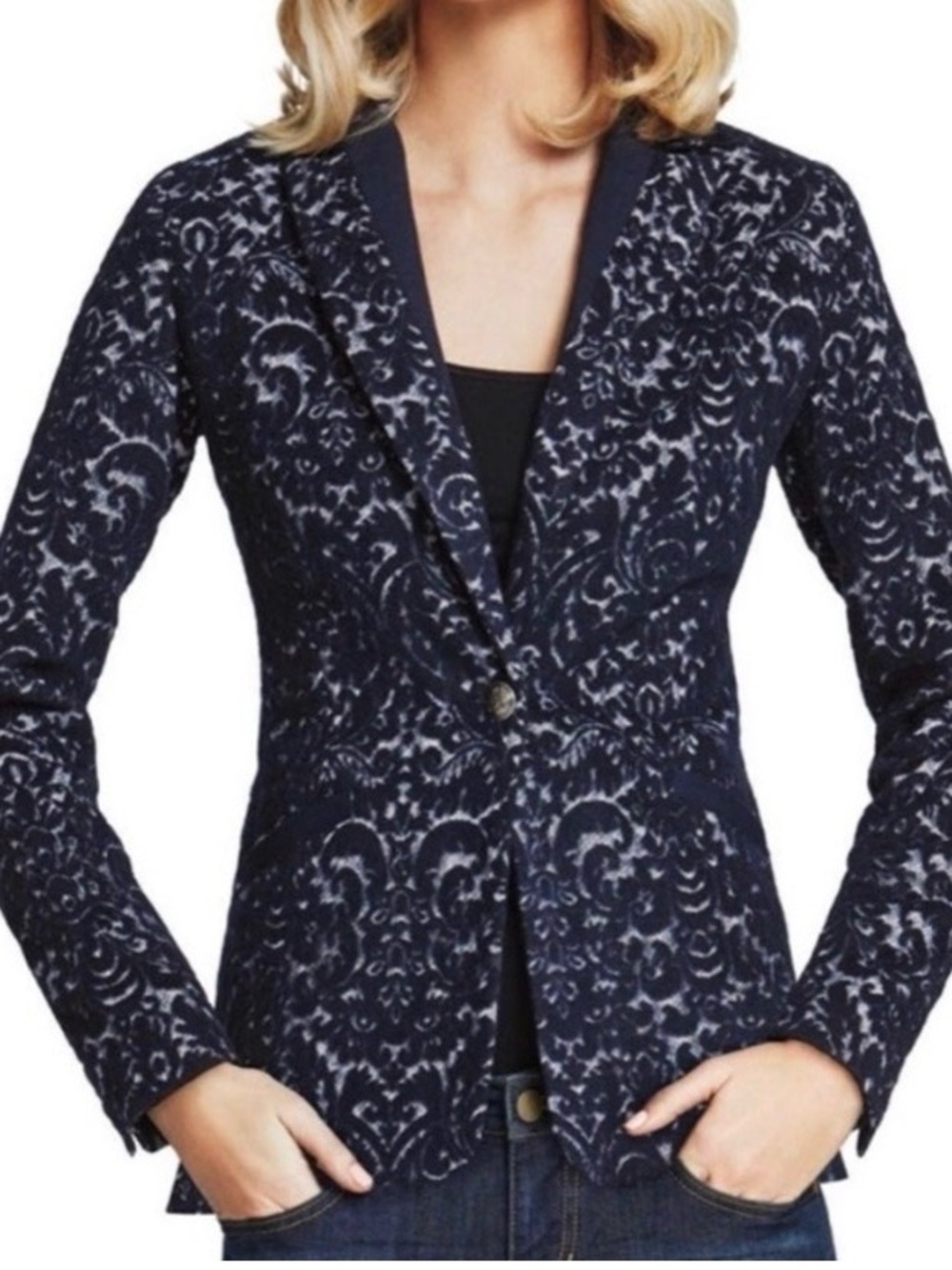 CAbi Navy and White Jacquard Patterned Blazer